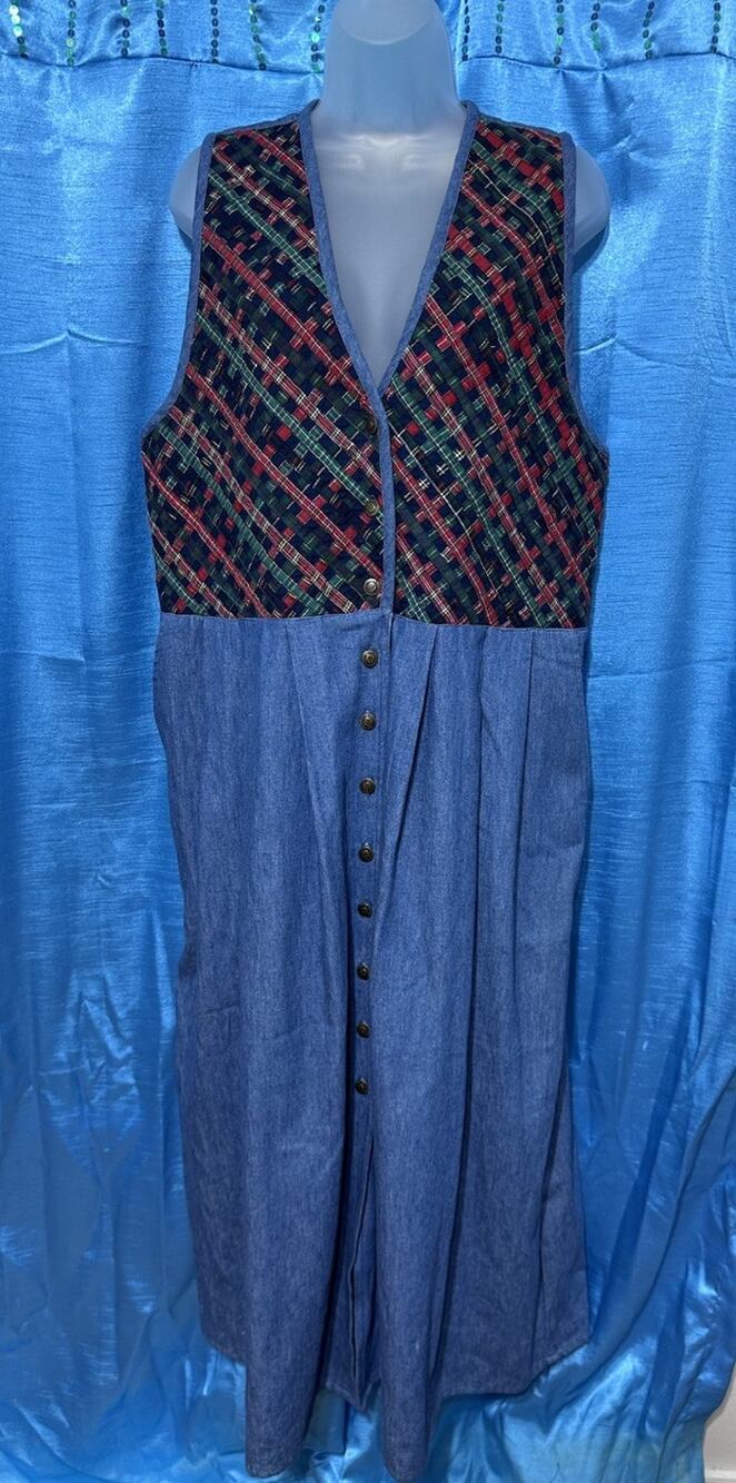 Casey & Max Vintage 90s Denim Plaid Jumper Dress Blue Cotton Button L Christmas